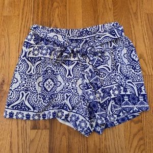 blue and cream patterned short